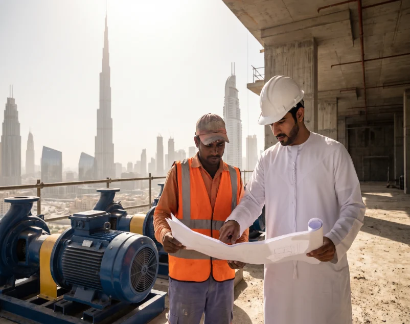 Engineers reviewing plans beside pumps on a Dubai rooftop
