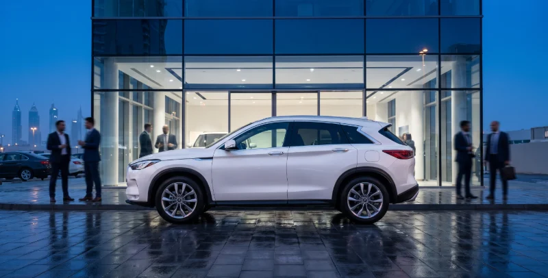 White SUV outside a glass-fronted car showroom at dusk