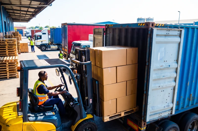 Forklift loading cartons on a pallet into a shipping container