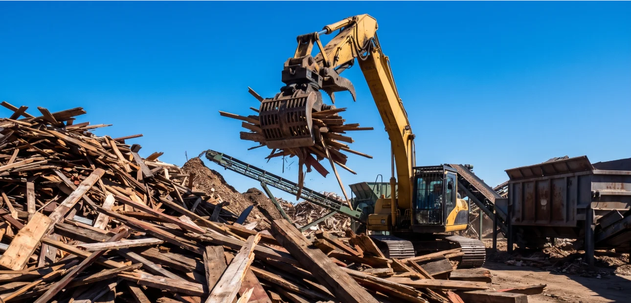 Excavator lifting waste wood at a recovery yard