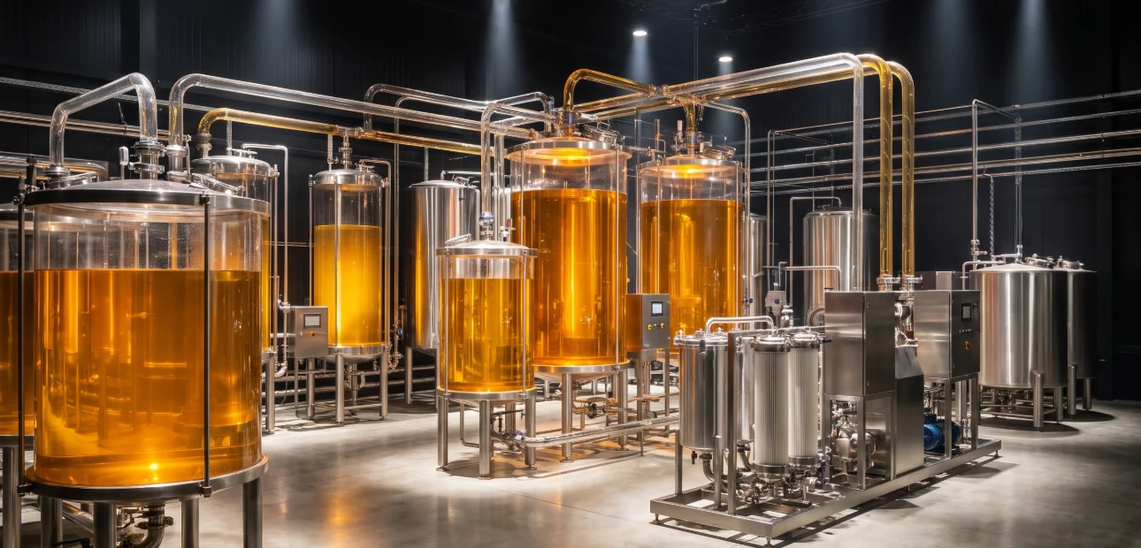 Biofuel processing tanks filled with amber oil