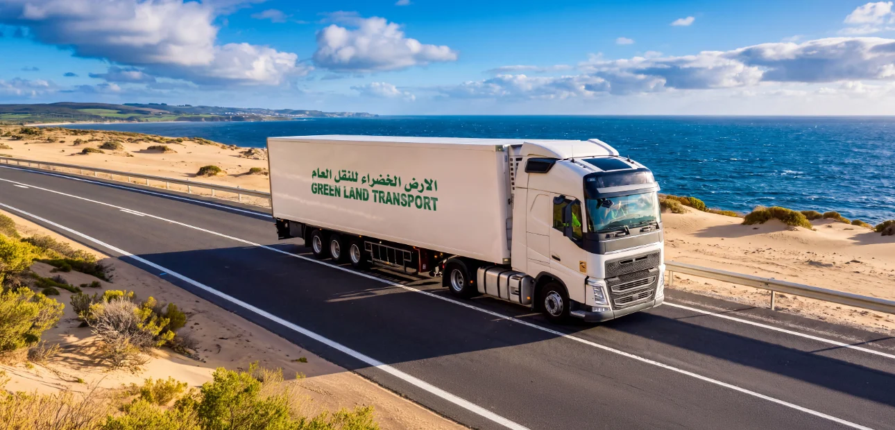 Green Land Transport truck on a coastal highway