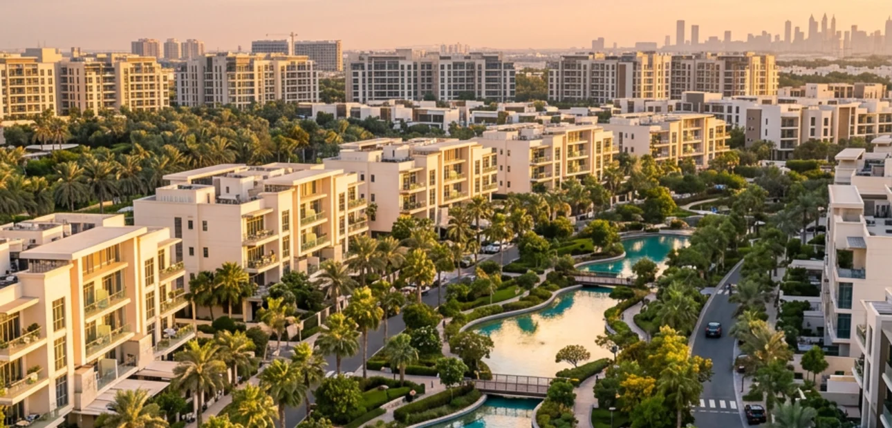 Apartment buildings among palm trees and lagoons