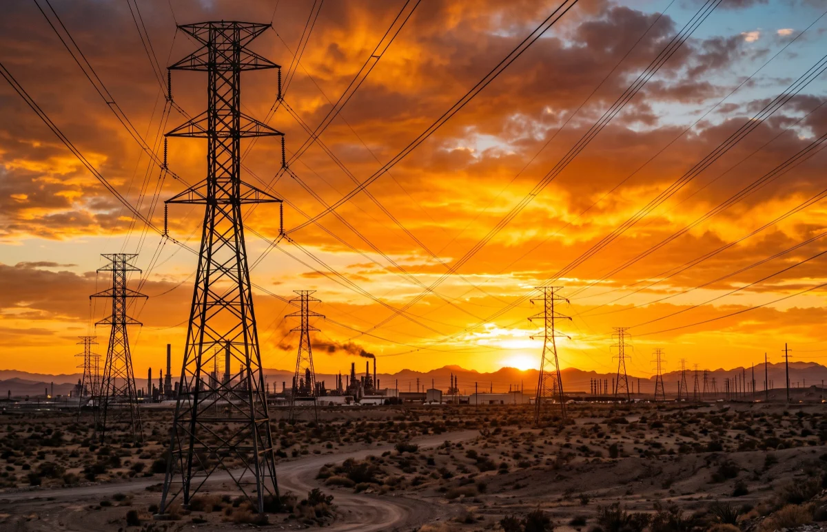 Power transmission lines against a sunset sky