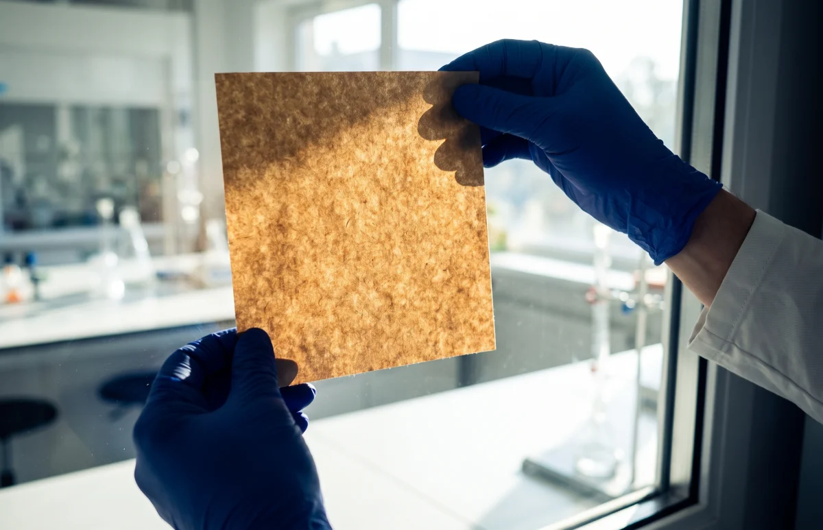Technician in gloves holding a paper sample up to the light in the laboratory
