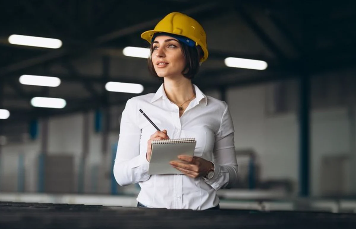 Engineer in a hard hat checking production data on the mill floor