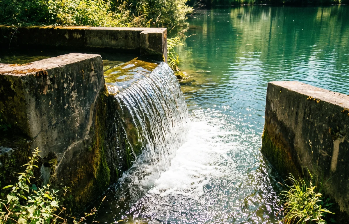 Treated water flowing over a weir into a pond