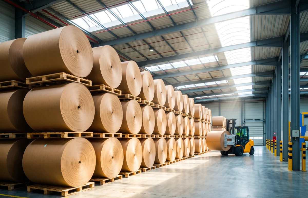 Finished paper reels stacked in the mill warehouse