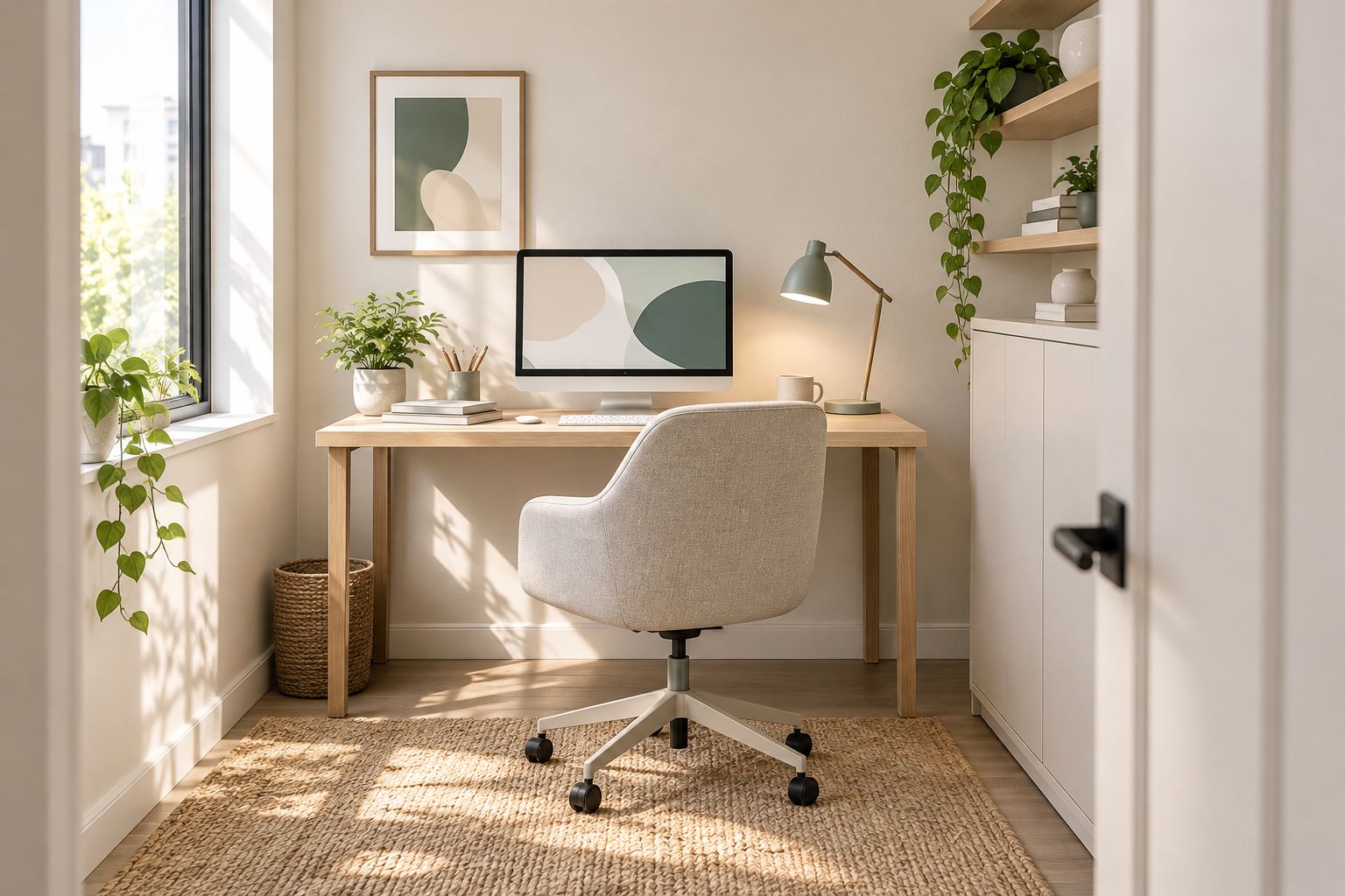 Compact office with warm-white walls, timber desk and neutral seating