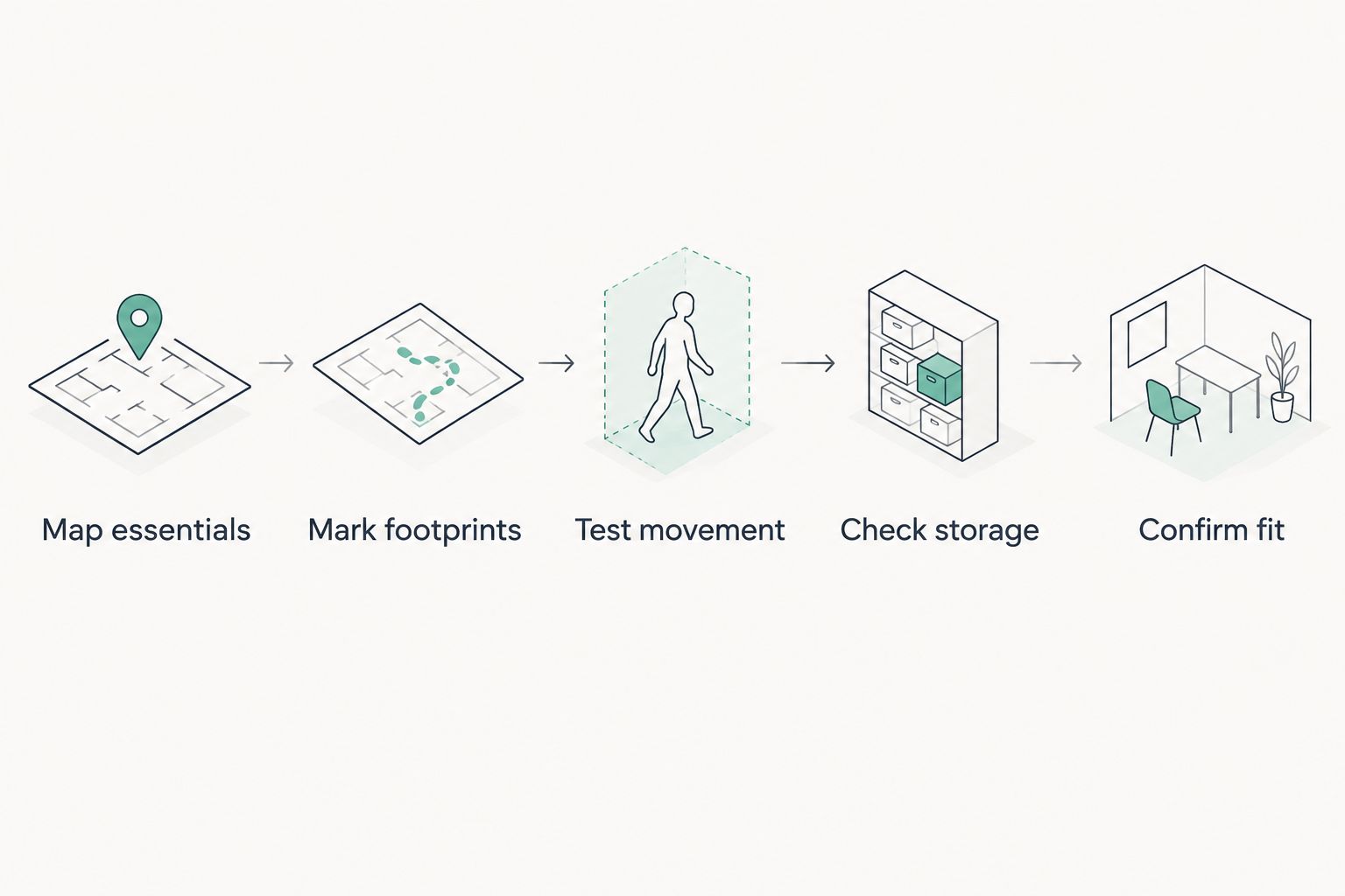 Layout-check sequence from mapping essentials to confirming furniture fit