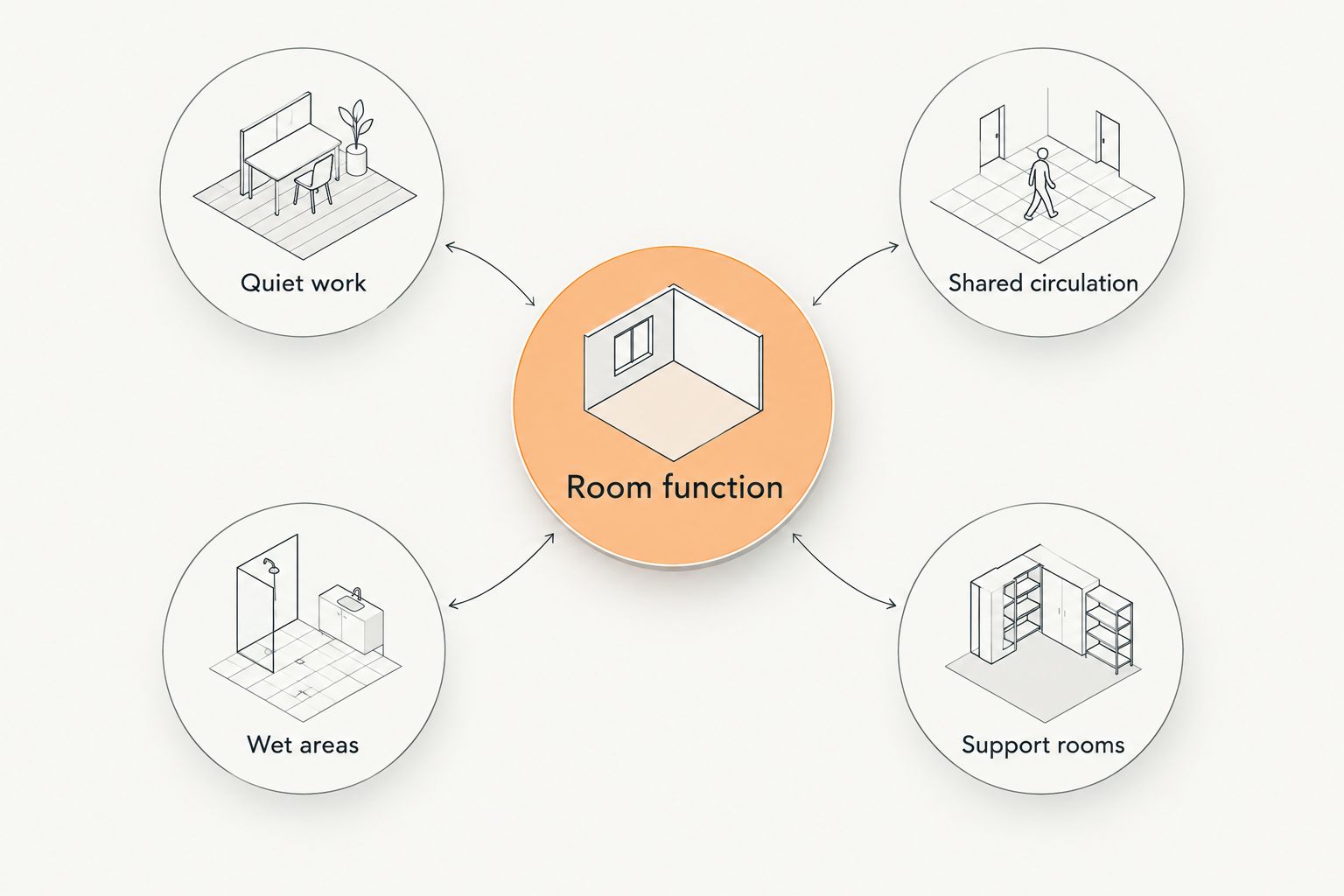 Room function connected to quiet work, shared circulation, wet areas and support rooms