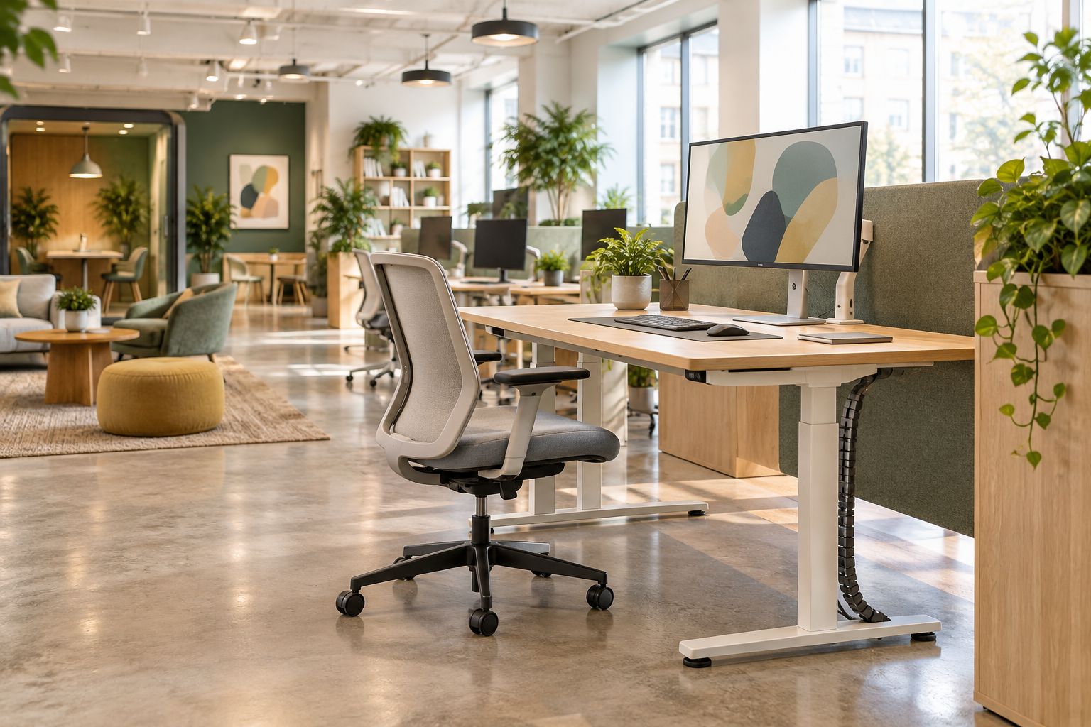Shared workstation with an adjustable chair, desk and tidy cable routing