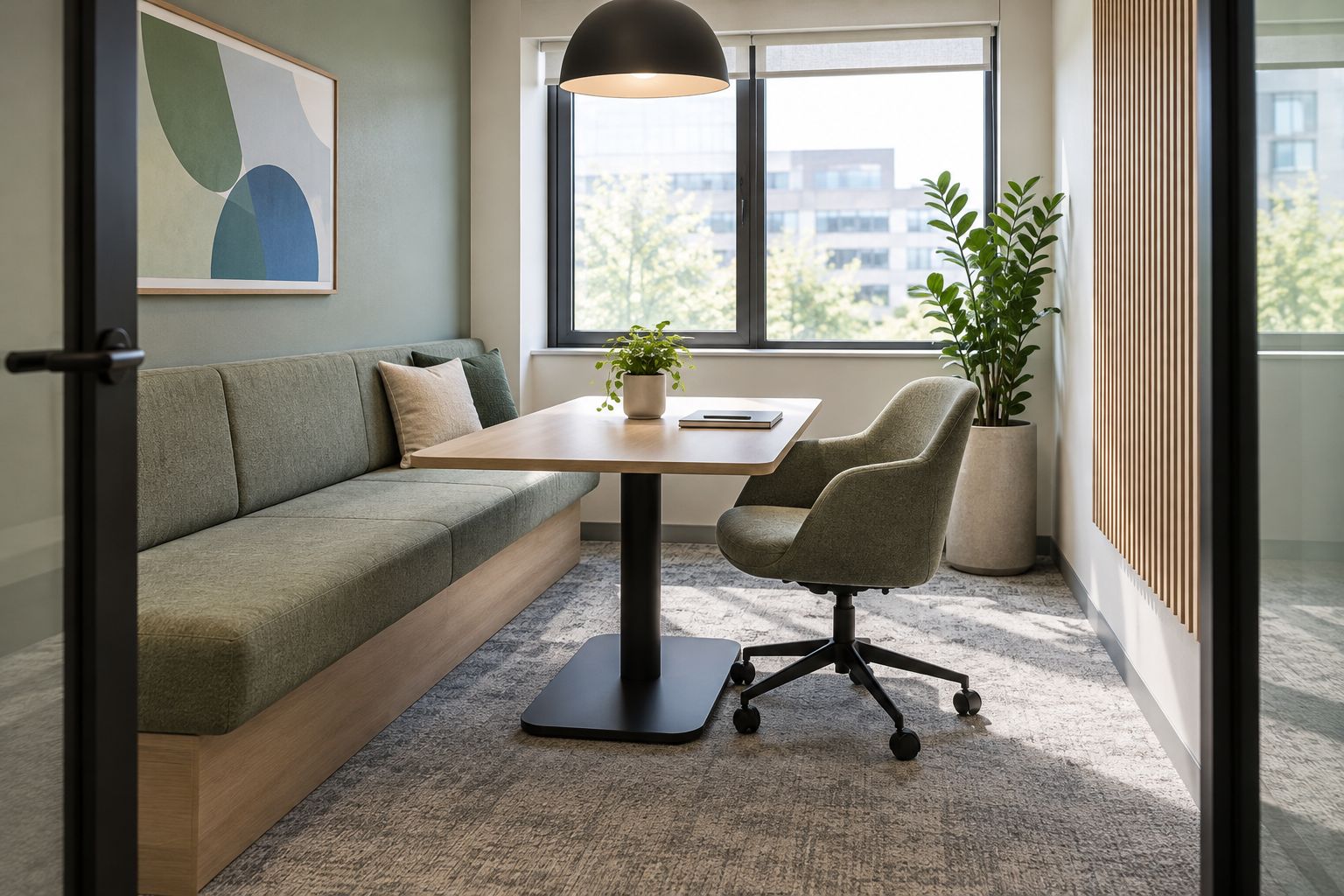 Narrow meeting room with wall-side banquette seating and a movable chair opposite