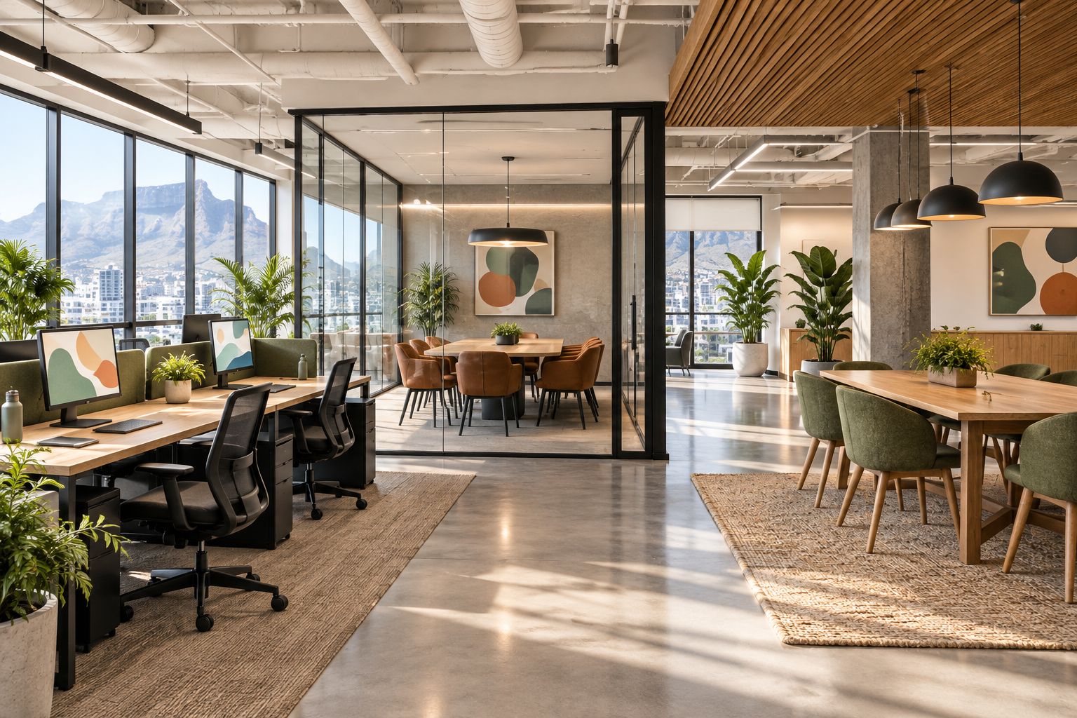 Office layout separating quiet desks, a discussion table and an enclosed meeting room