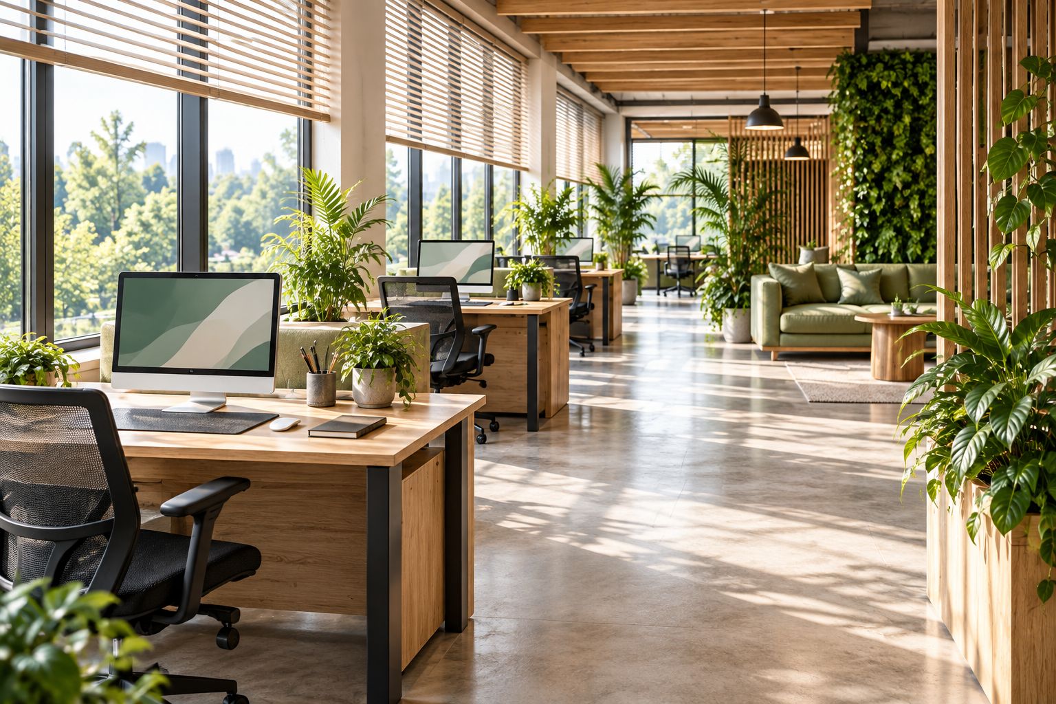 Office desks beside windows with adjustable blinds, clear walkways and a leafy outdoor view