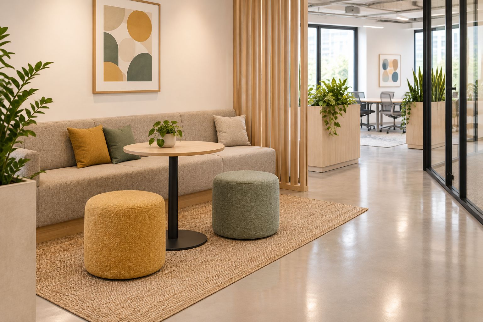 Wall-side bench and small table beside an open office walking route