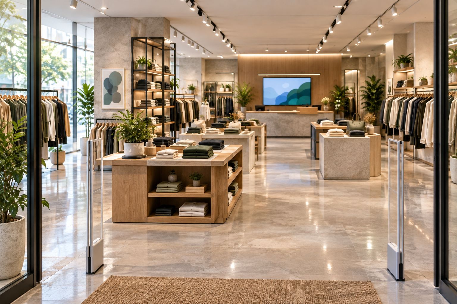 Retail interior with an open entrance, merchandise displays and a checkout counter
