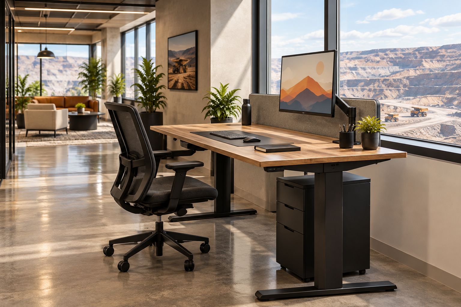 Office workstation showing chair adjustment, side daylight, tidy cables and a clear walking route.