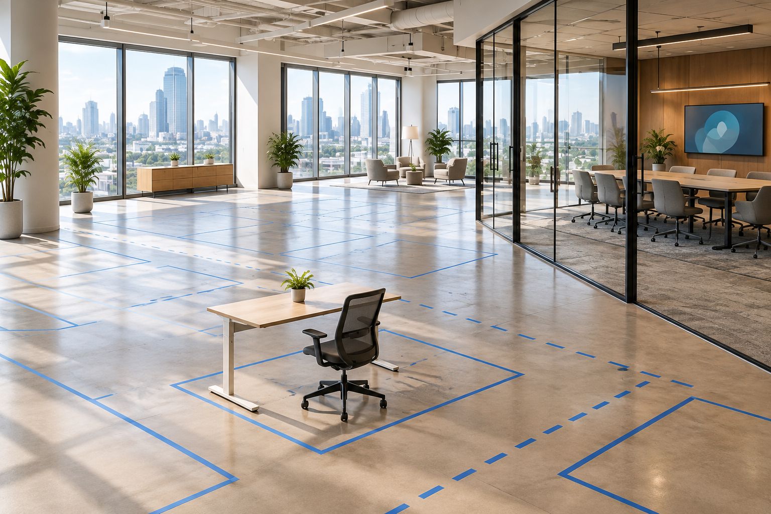 Office layout test using floor tape, a sample desk and an adjustable chair