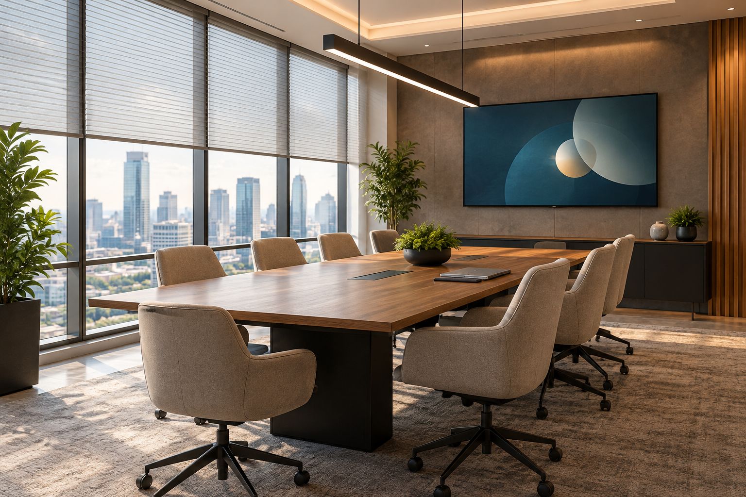 Meeting room showing side daylight, blinds, seating and a blank screen