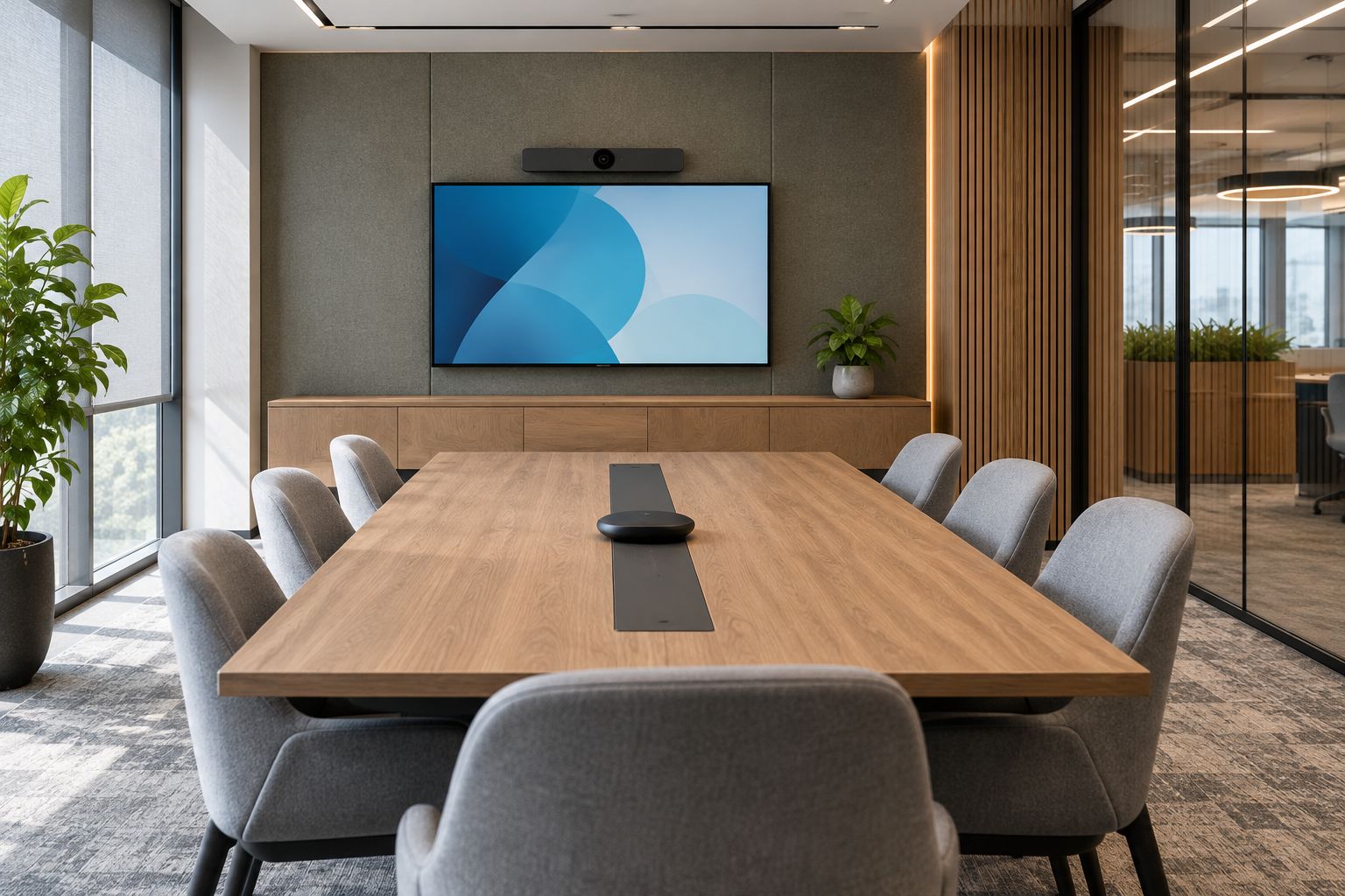 Meeting room with a screen, camera, shaded windows and acoustic wall panels