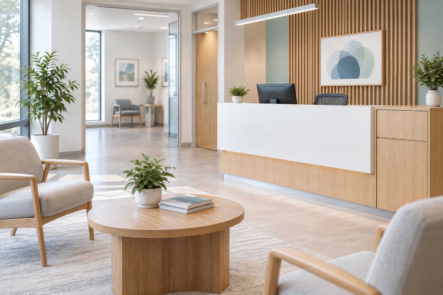 Medical reception desk with a screened monitor, closed storage and a clear circulation route