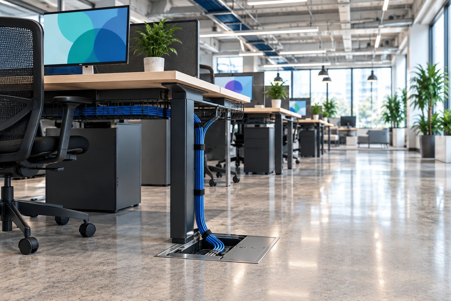 Desk cluster with an accessible floor box, under-desk cable tray and clear walking aisle