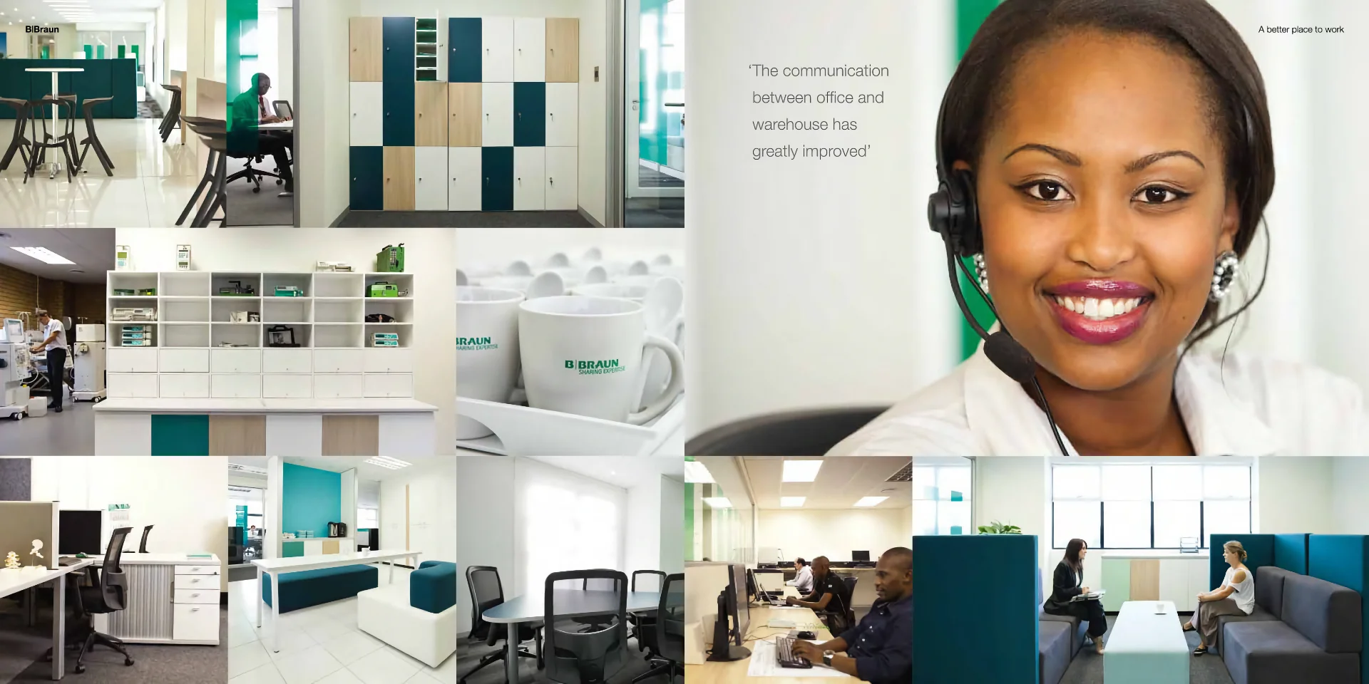 a collage of photos of a woman in a call centre