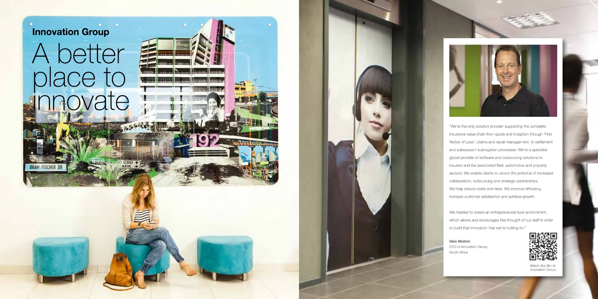 a woman sitting on a bench in front of a poster