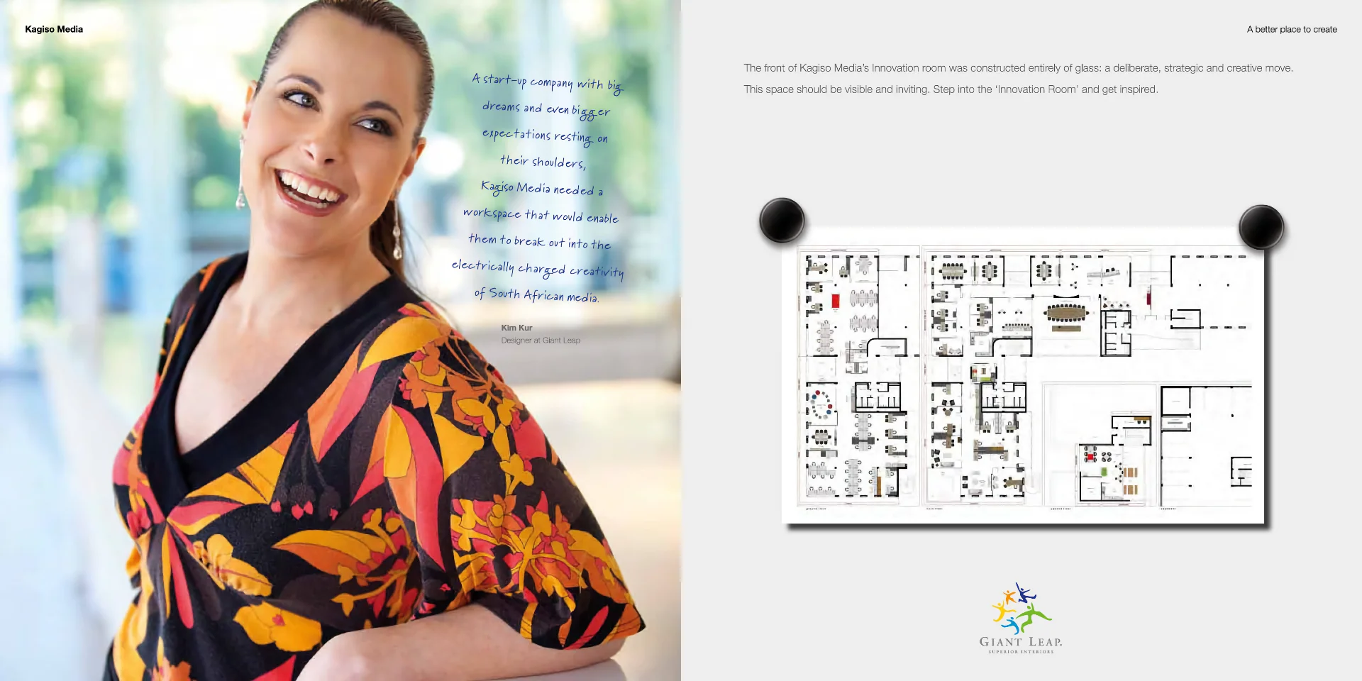 a woman standing next to a poster of a office floorplan