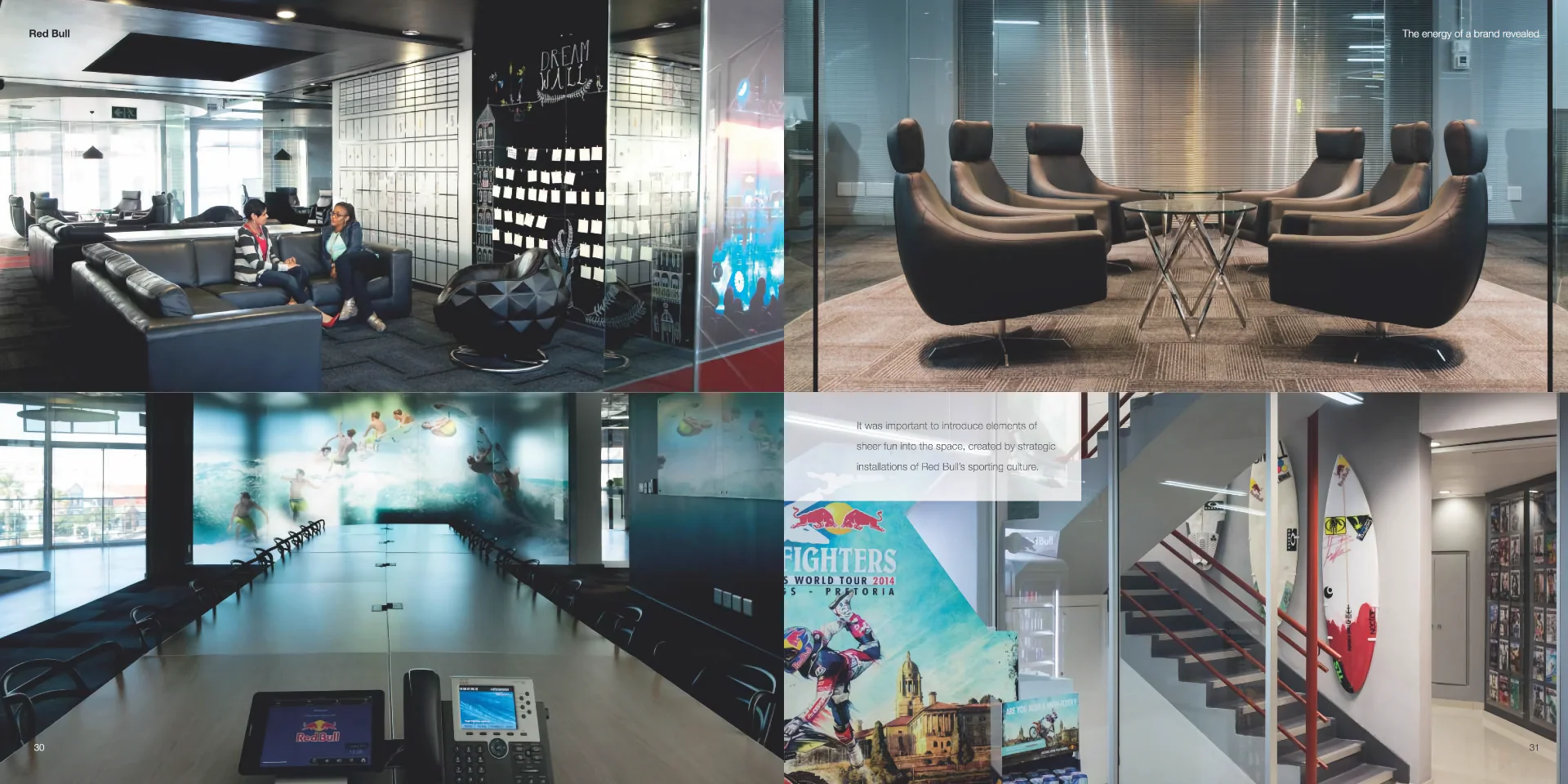 a collage of photos of a conference room