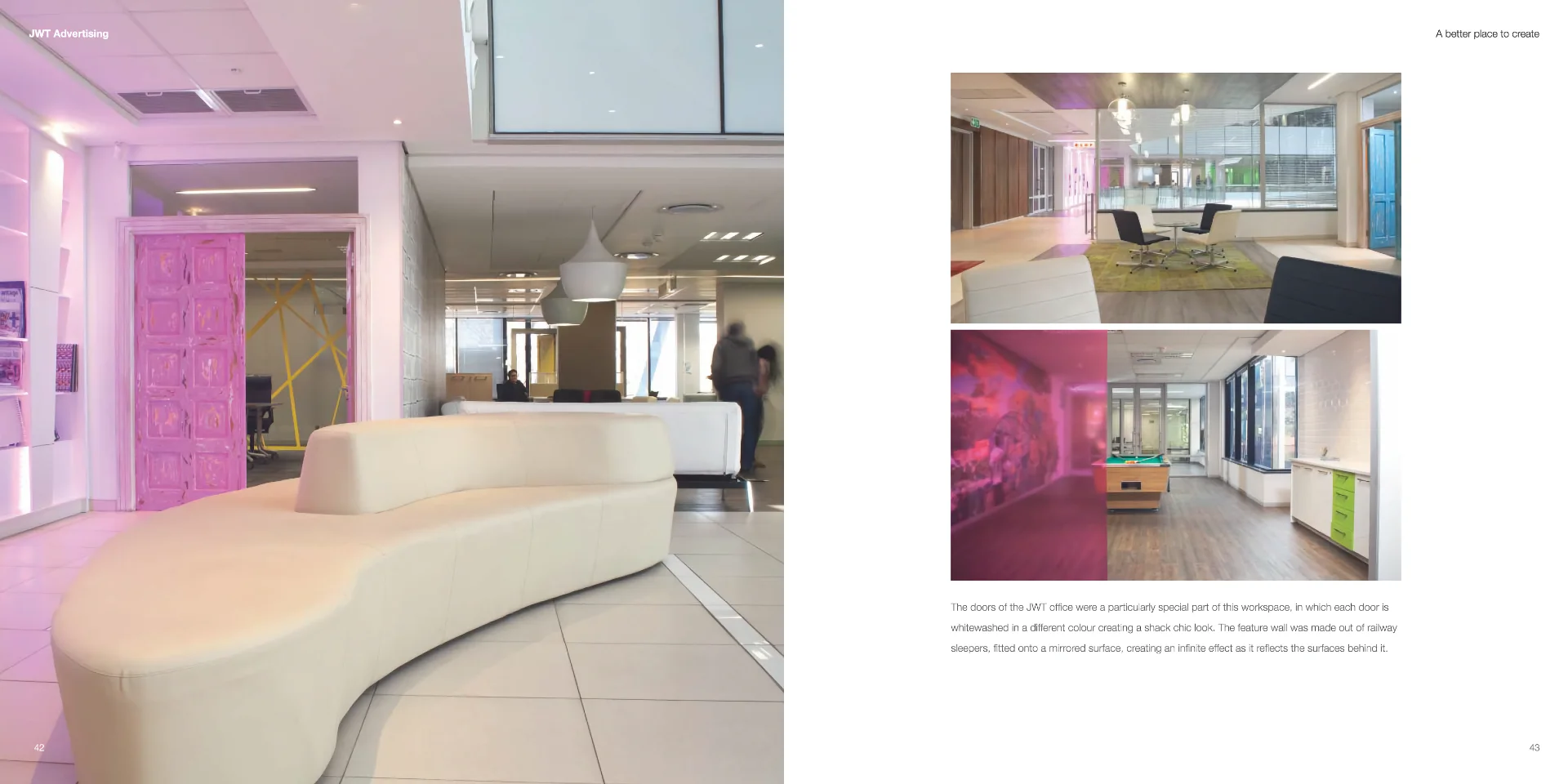 A pause area with a large curved bench and a pink wall