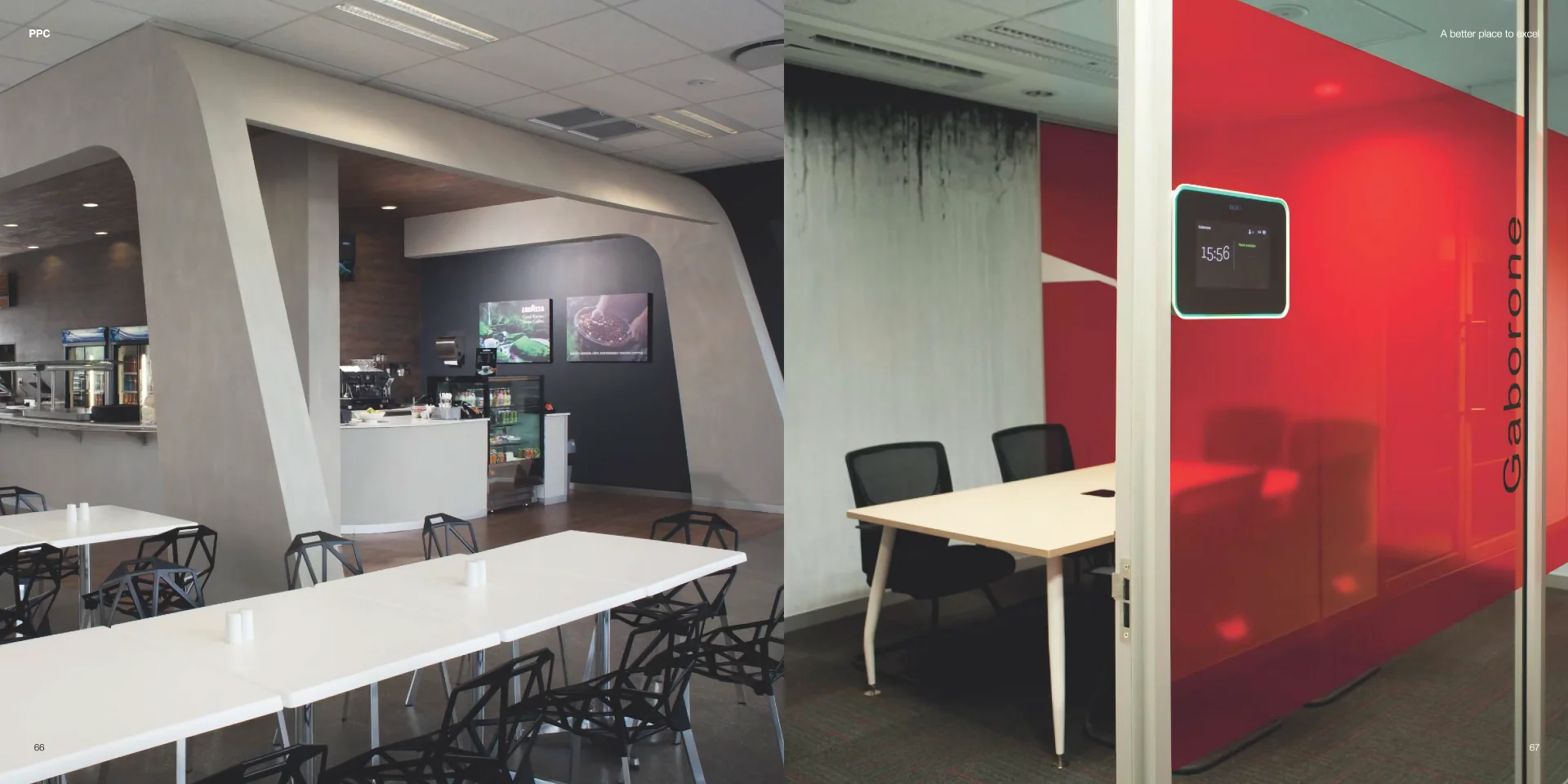 a room with tables and chairs and a red wall