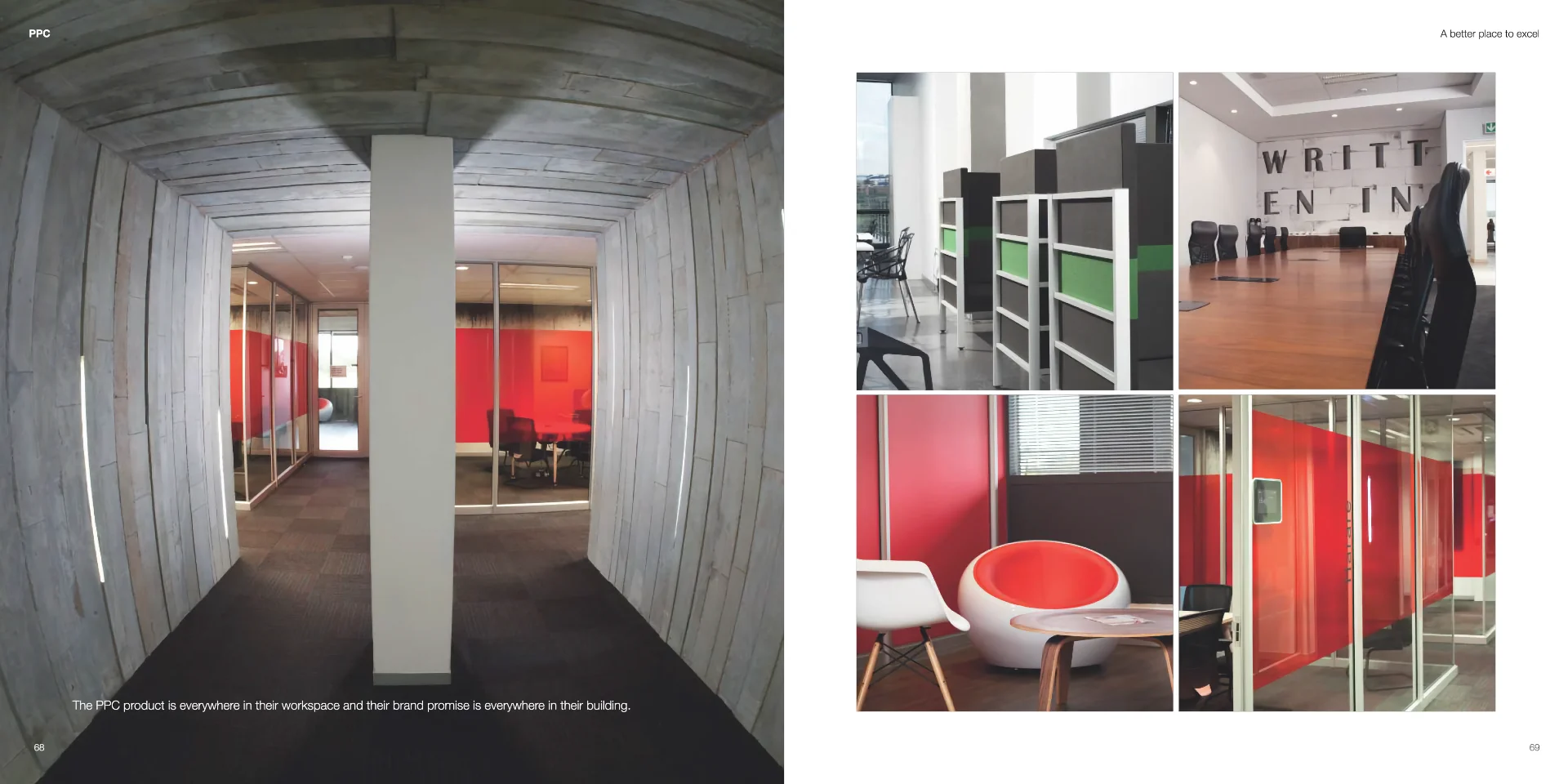 a series of photographs of a room with red and white walls
