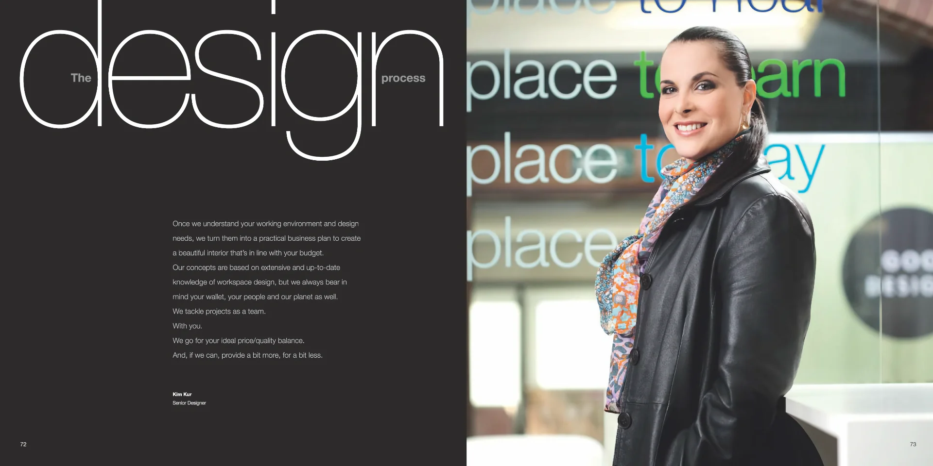 a woman is standing in front of a sign