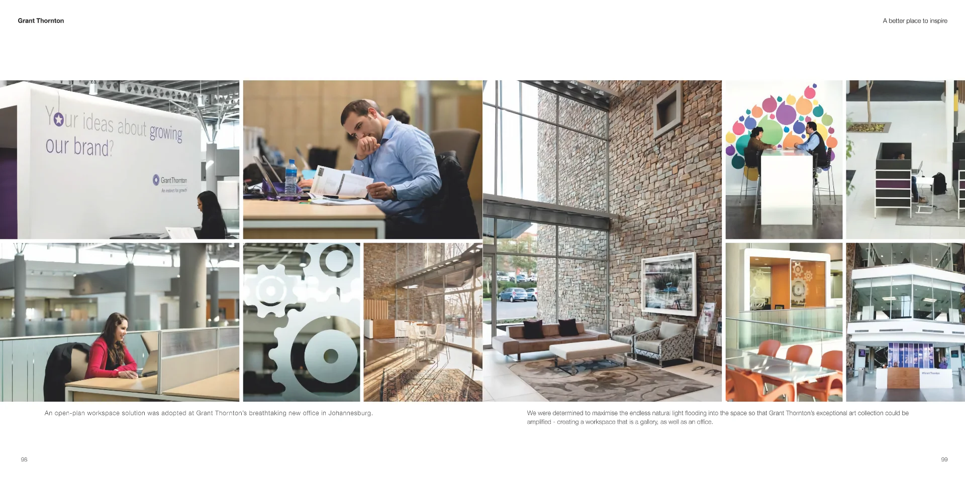 a collage of photos of people working in an office