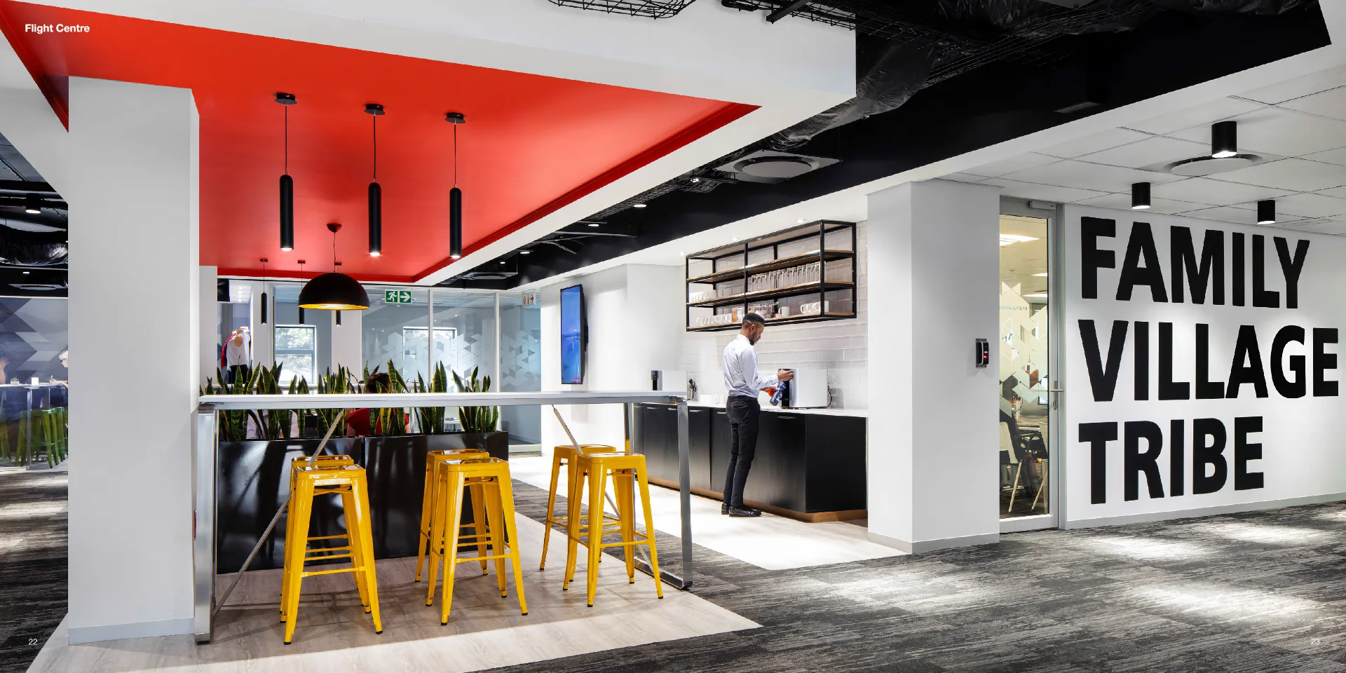 an office with a bar and yellow stools