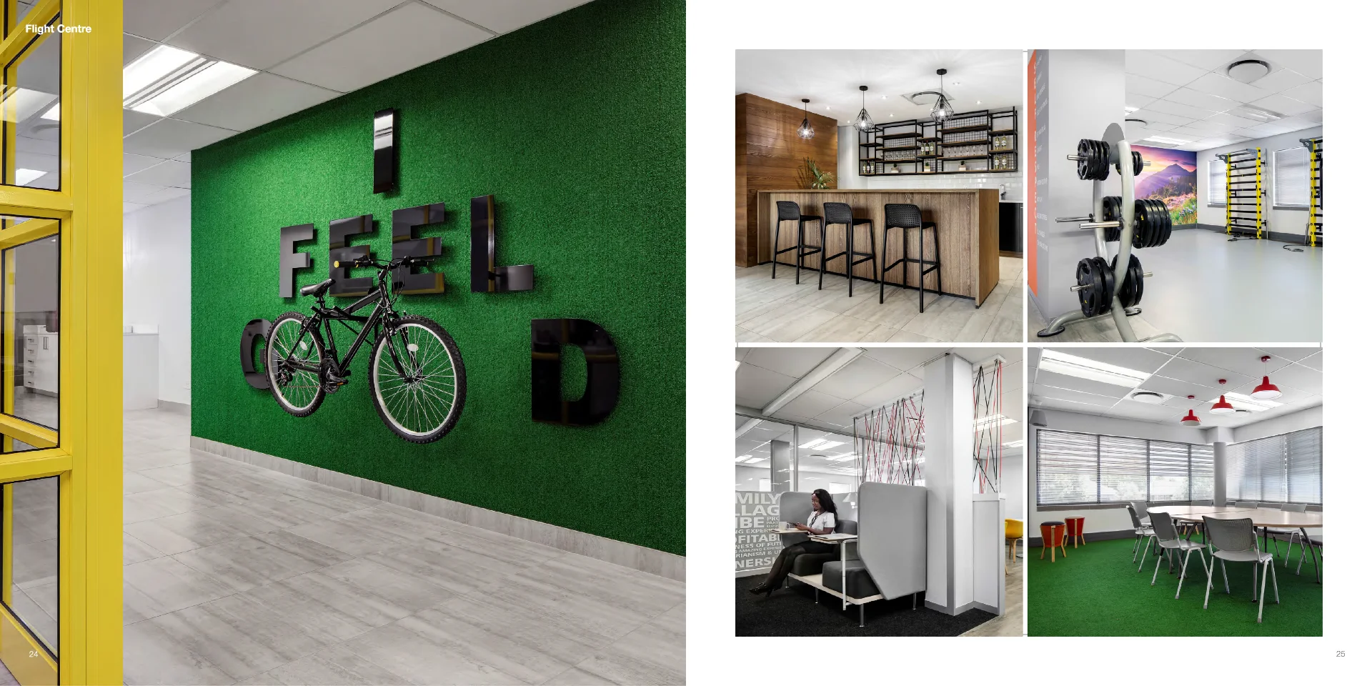 a collage of photos of a room with a bike on the wall