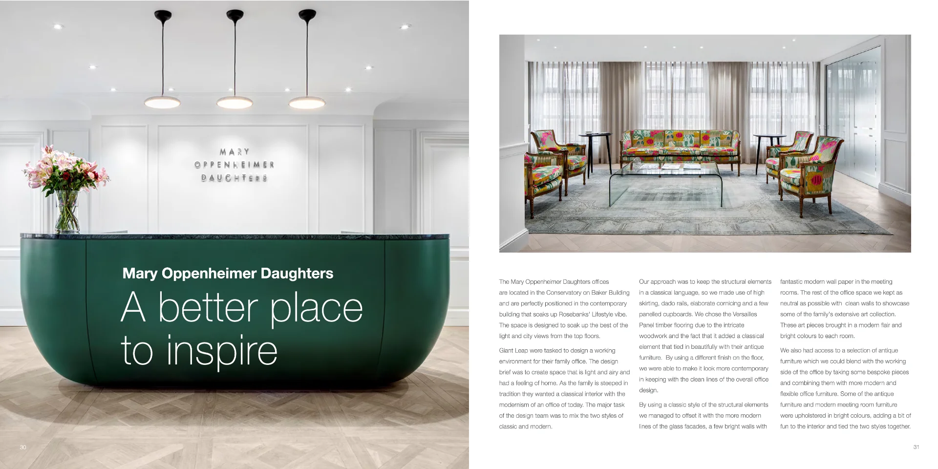 a reception area with a green counter and chairs