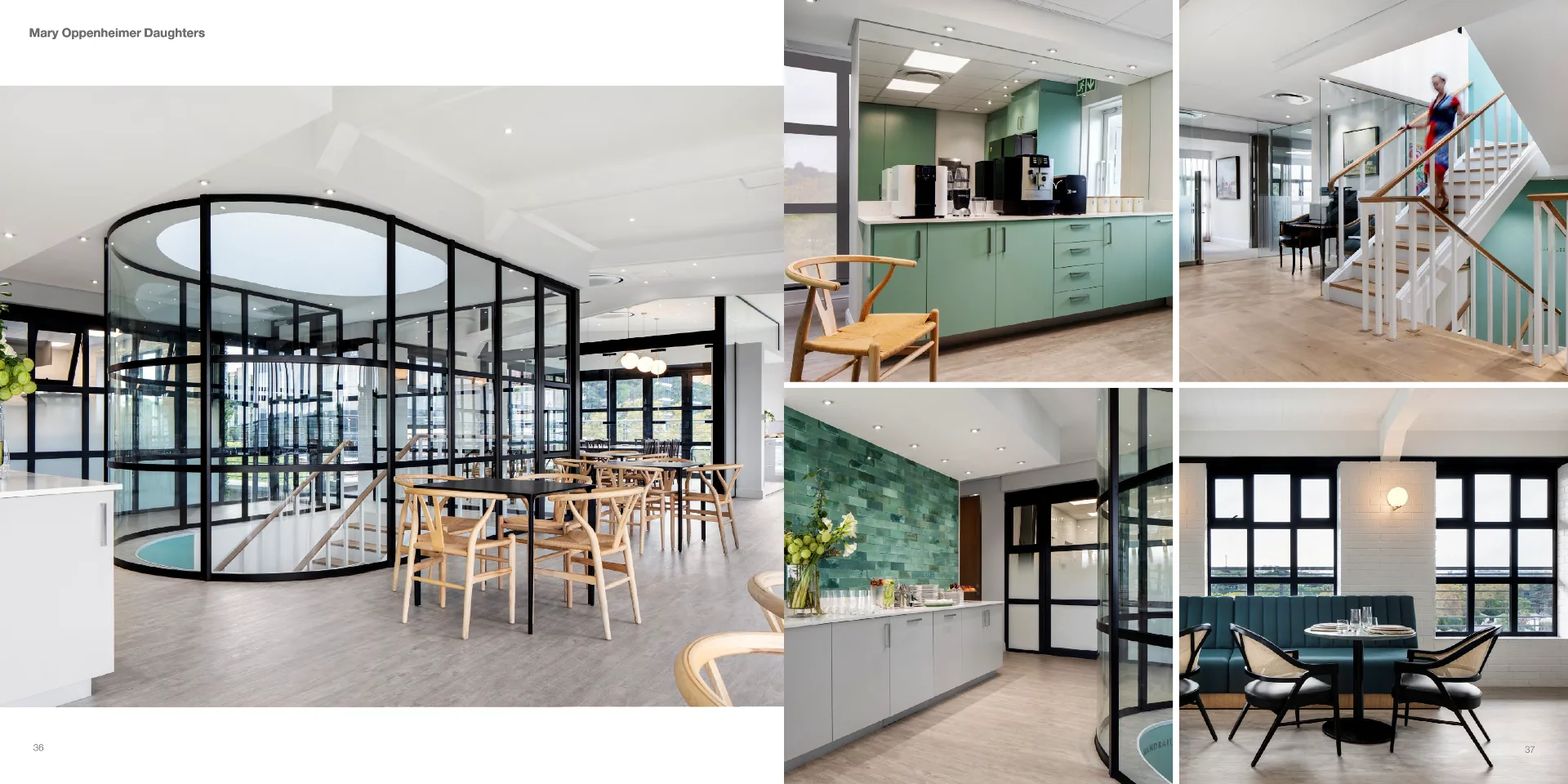 Collage of images showing a green reception desk and a waiting area