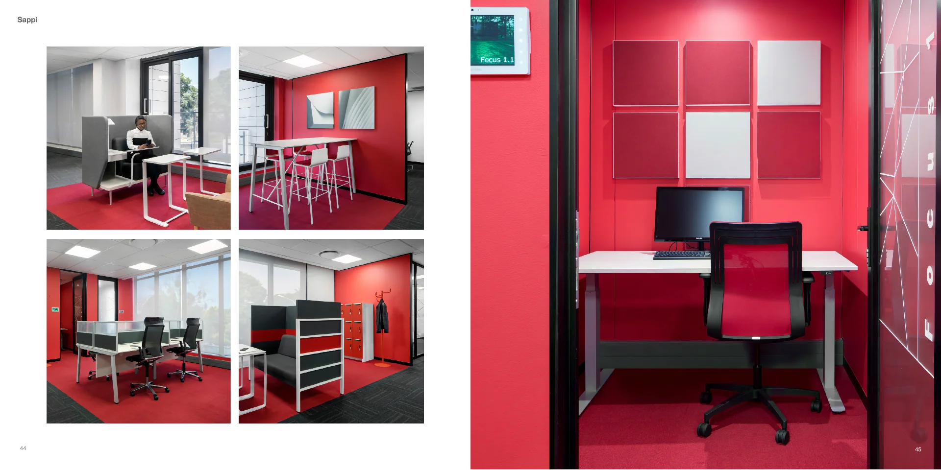 a red office with a desk and chairs
