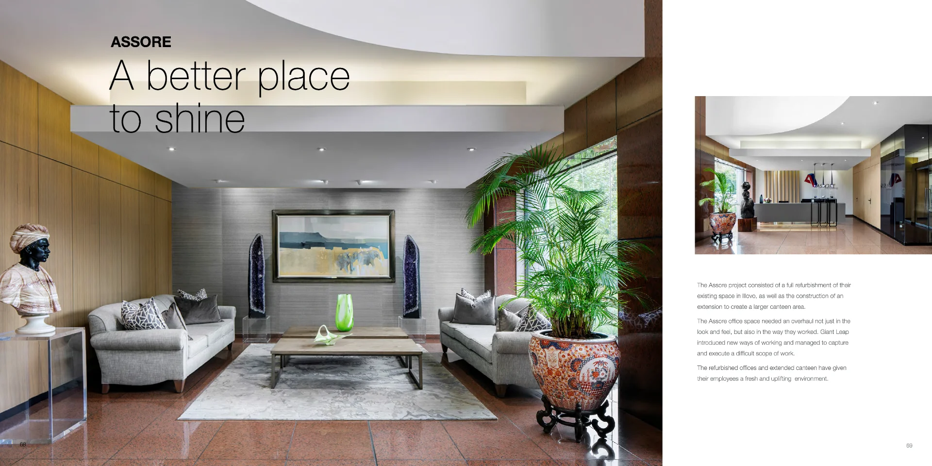 a waiting room filled with furniture and a painting