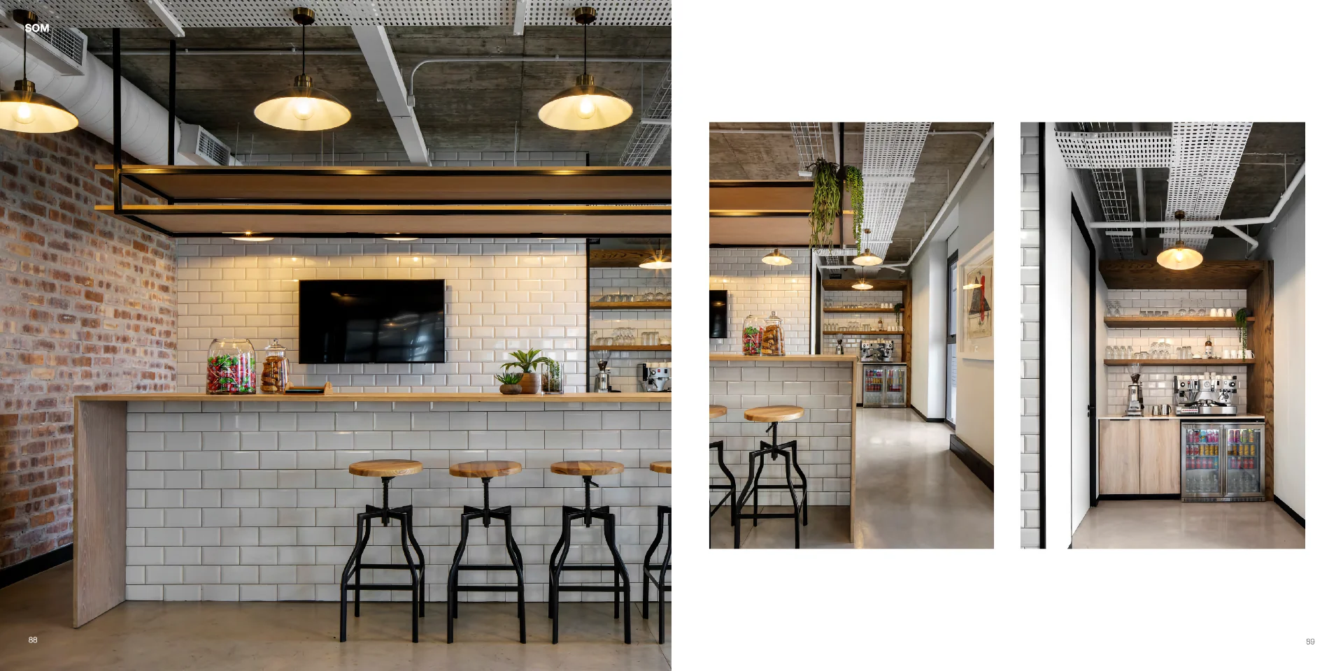 two pictures of a bar with stools and a television