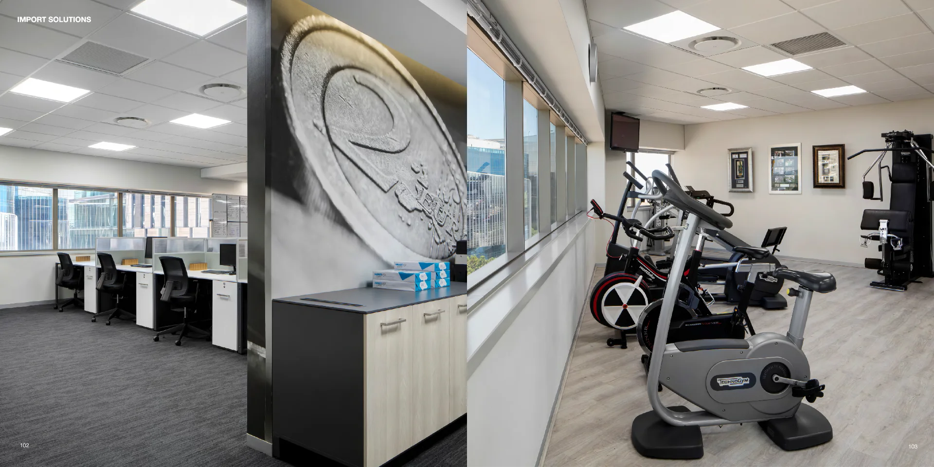 a gym with exercise equipment, an open office space and a large window