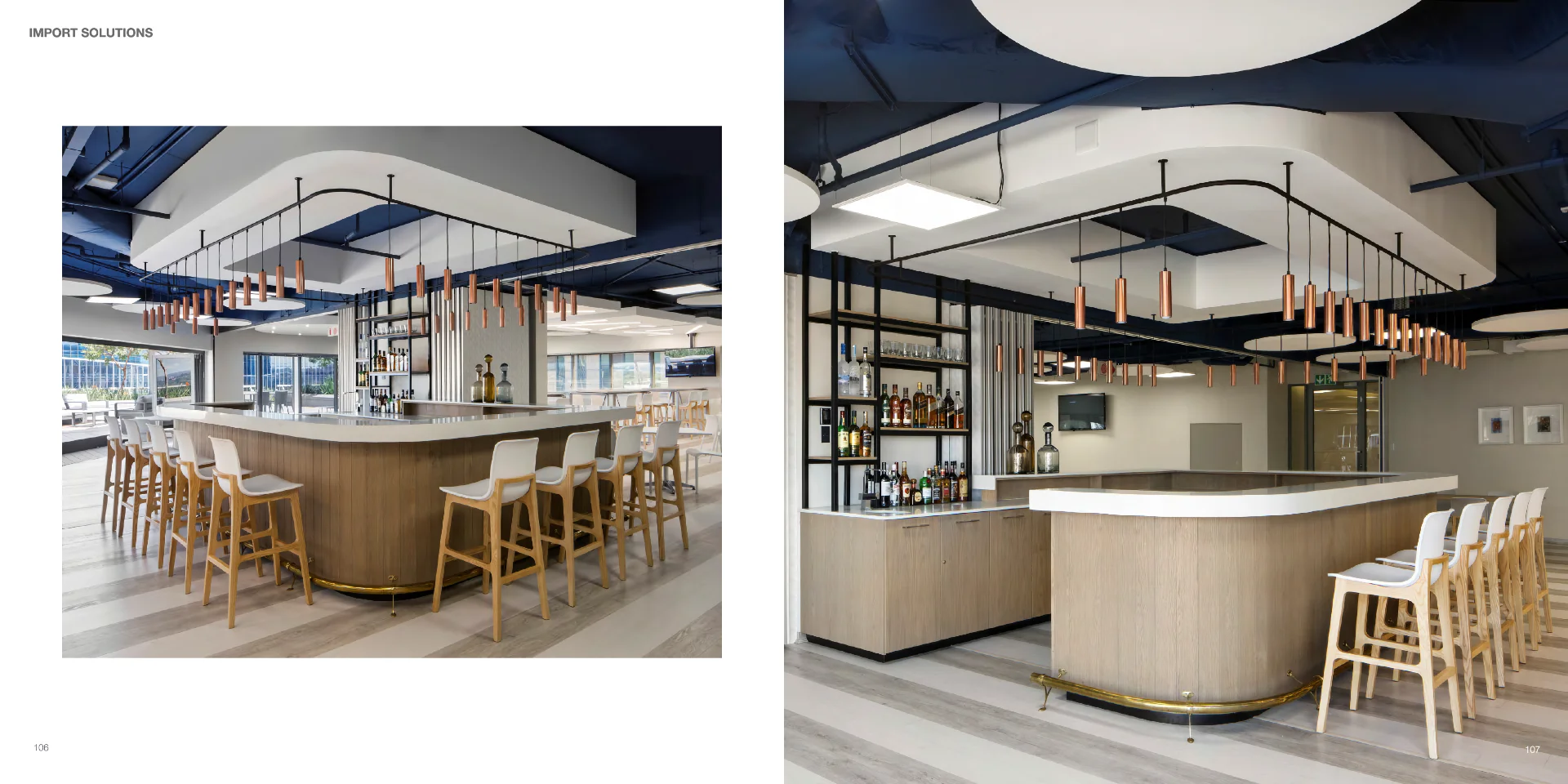 two pictures of a bar and chairs in a room