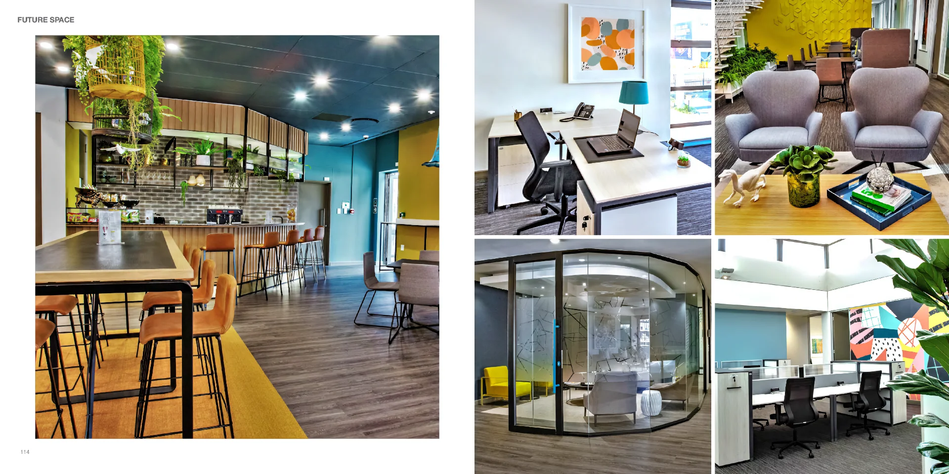 a collage of photos with chairs, tables, and a bar