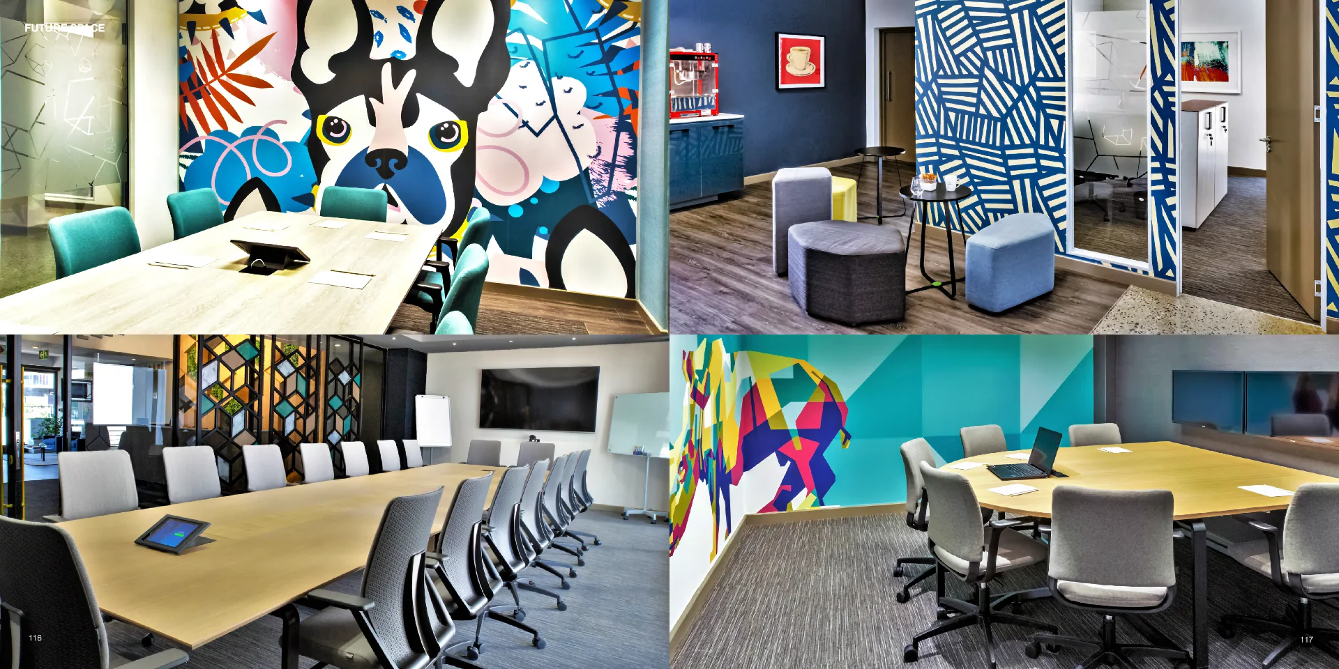 a collage of photos of a conference room