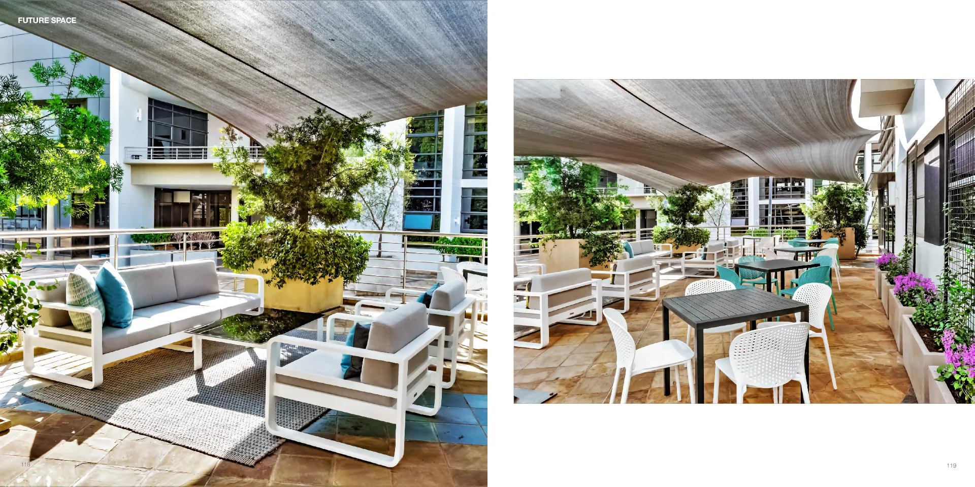 two pictures of a patio with tables and chairs
