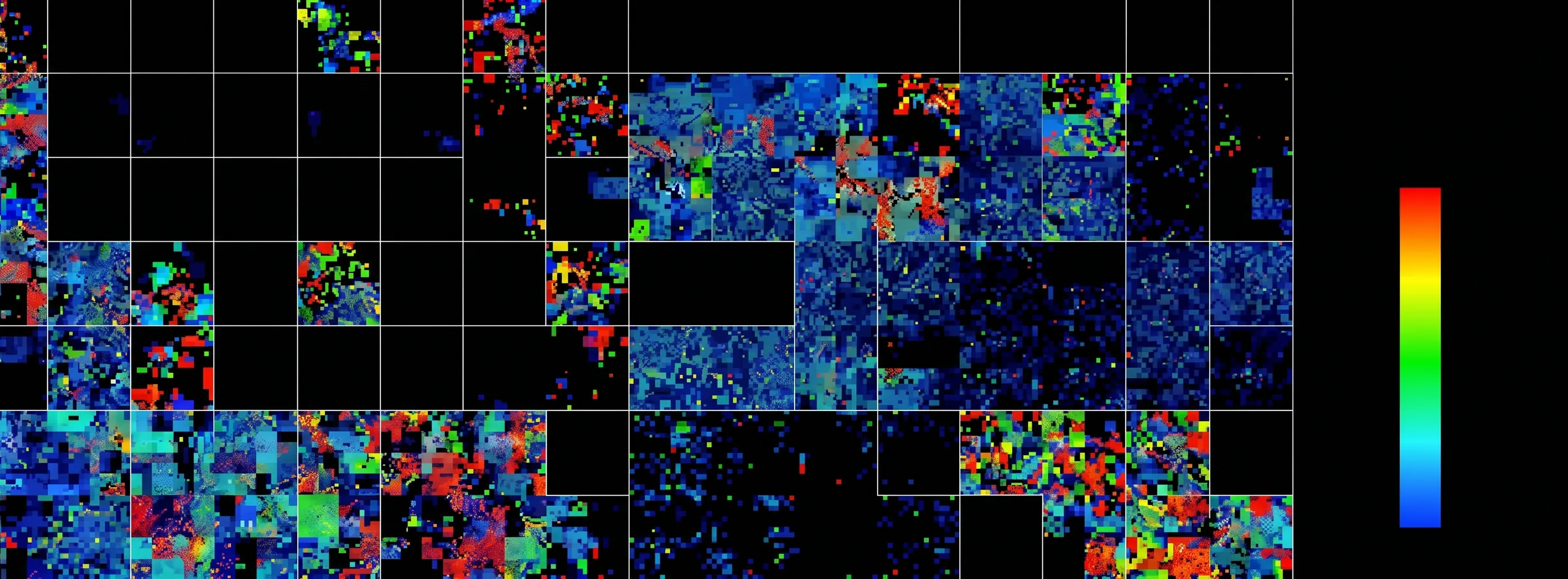 A grid of per-patch attribution heatmaps in blue, red and green, with a rainbow intensity scale beside it