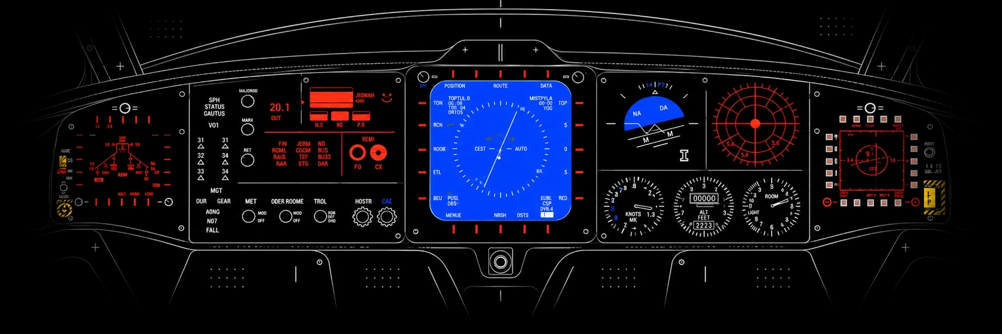 Cockpit instrument panel with five multi-function displays showing navigation, engine and flight data.